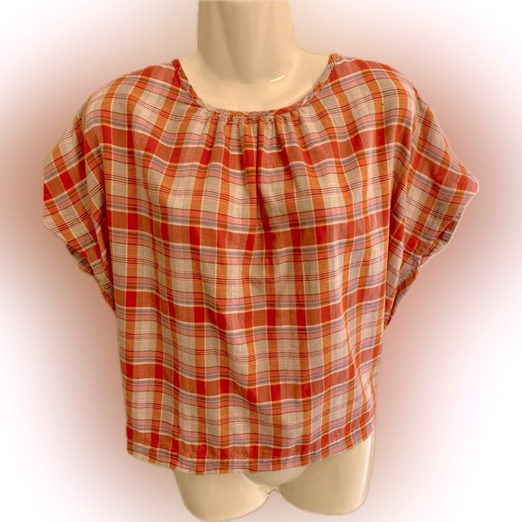Madewell Orange Pink plaid Loose Relaxed fit Box Top Blouse Women’s XS x small - Picture 3 of 6